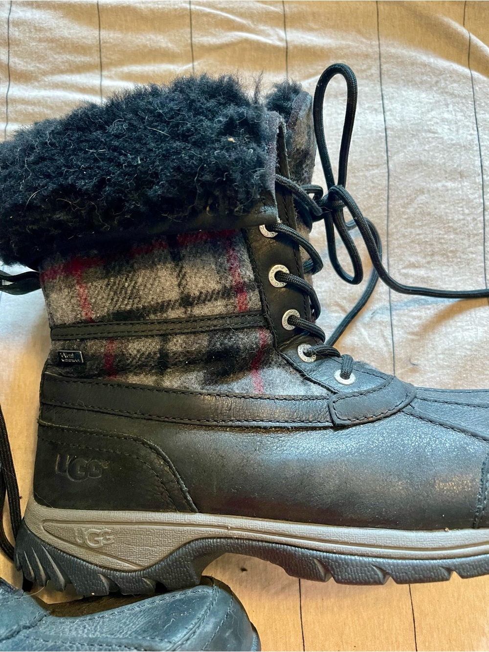 UGG Black Plaid Lace-Up Winter Boot with Shearling Lining and 2 Position Cuff